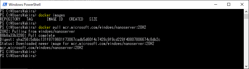Docker で NanoServer を pull