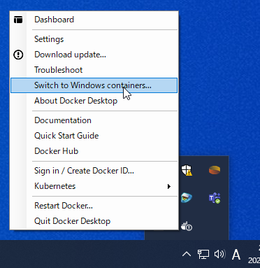 Docker Desktop for Windows タスクメニューの Windows Containers