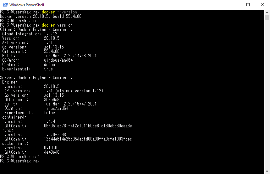 Docker Desktop for Windows のバージョン確認