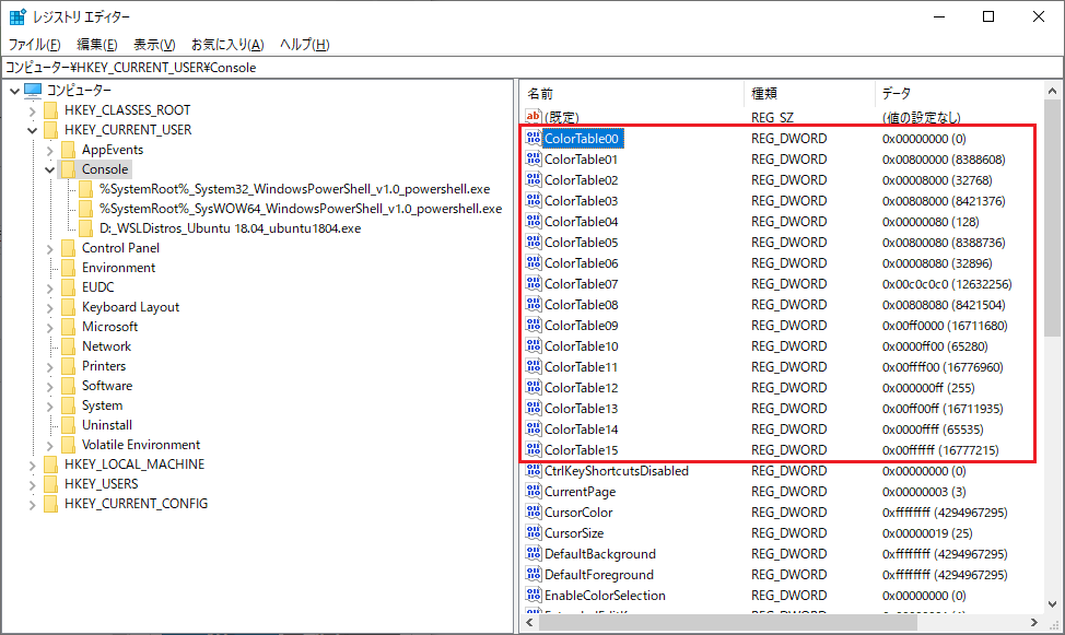 HKCU\Console レジストリ