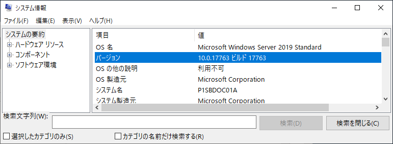 Windows Server 2019 システム情報 バージョン